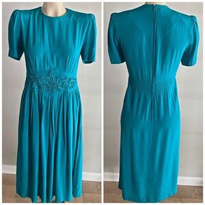 Vintage 80s Karin Stevens Teal Midi Dress Sz 4 Beaded Waist Puff Sleeves